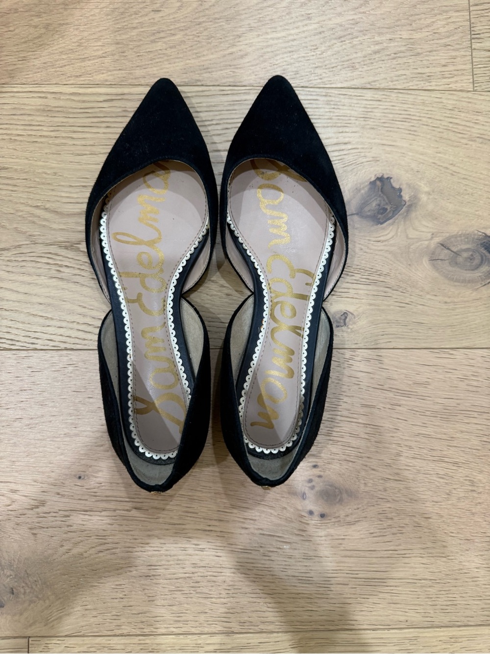 Sam Edelman Black Pointed D'Orsay Flats with Gold Logo Insole